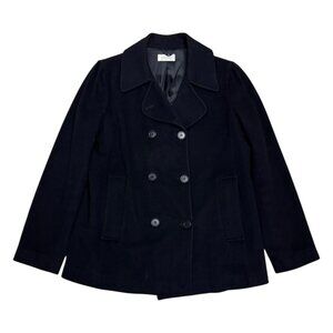 BARNEYS NEW YORK Black WOOL Luxury Designer Pea Coat Trench Jacket Womens Medium